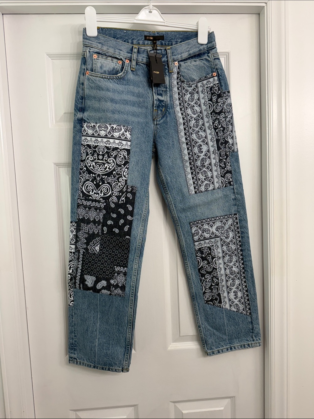 Maje Denim Straight-Leg Jeans with Black & White Bandana Patches